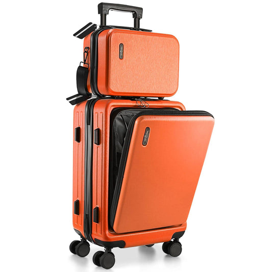 22 Airline Approved Hard-Shell Carry On Luggage With Attachable Cosmetic Case - Orange