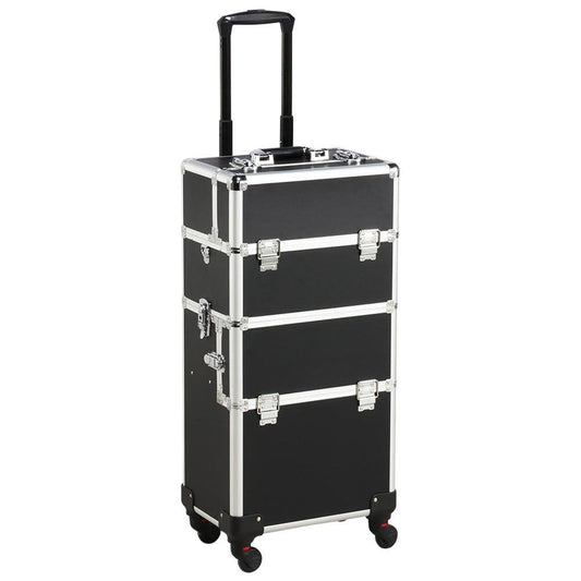 3 In 1 Aluminum Rolling Makeup Case Large Cosmetic Train Case Big Trolley Organizer Case Makeup Organizer Travel Pink